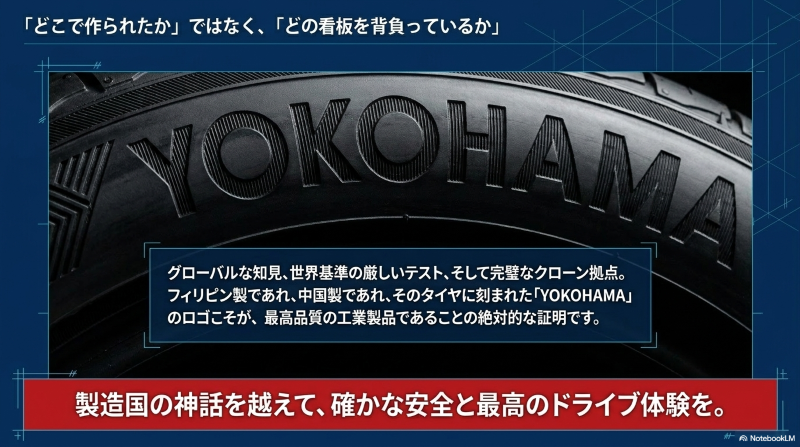 フィリピン製であれ中国製であれ、最高品質の工業製品であることの証明としてブルーアースに大きく刻まれたYOKOHAMAのロゴマーク画像