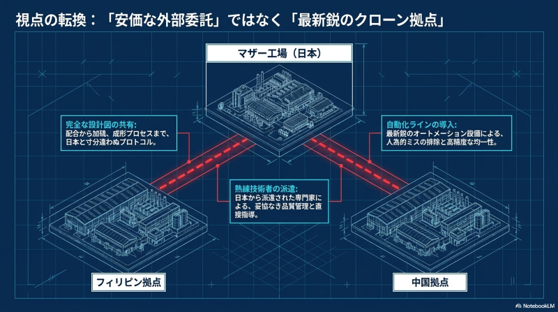 日本のマザー工場からフィリピンや中国の拠点へ、最新鋭の自動化ラインや技術ノウハウが共有されている様子を示す図解
