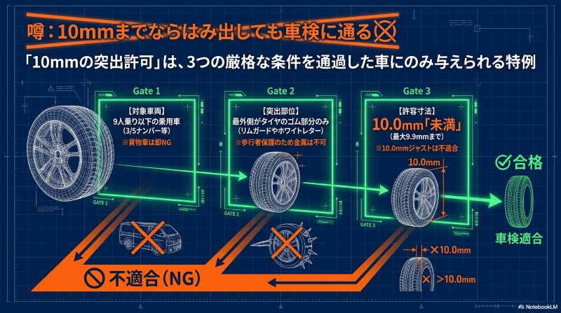 9人乗り以下の乗用車、突出部位がタイヤのゴム部分のみ、許容寸法10.0mm未満という3つのゲートを通過した車のみ車検適合となることを示すフローチャート