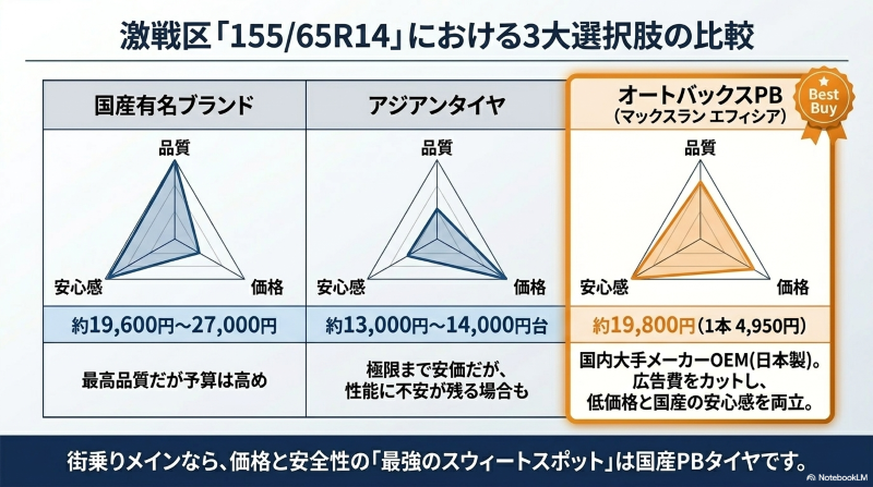 155/65R14サイズの国産ブランド、アジアンタイヤ、オートバックスPBタイヤの品質と価格の比較グラフ