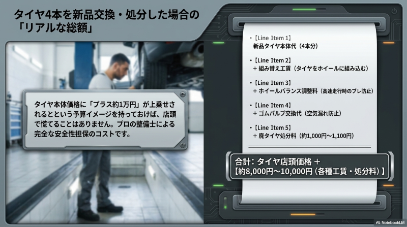 タイヤ4本を新品交換・処分した場合のリアルな総額。新品タイヤ代に加え、組み替え工賃、バランス調整料、バルブ交換代、処分料で約1万円上乗せされる内訳。