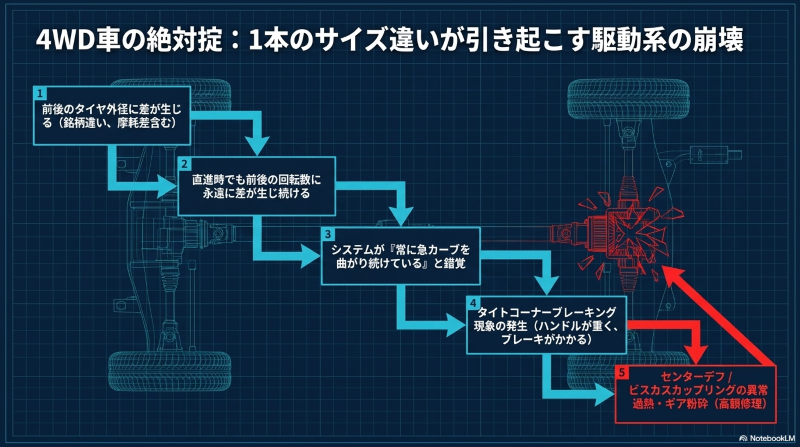 4WD車の前後タイヤ外径差によりシステムが急カーブと錯覚し、タイトコーナーブレーキング現象やセンターデフ等のギア粉砕を引き起こすメカニズム図