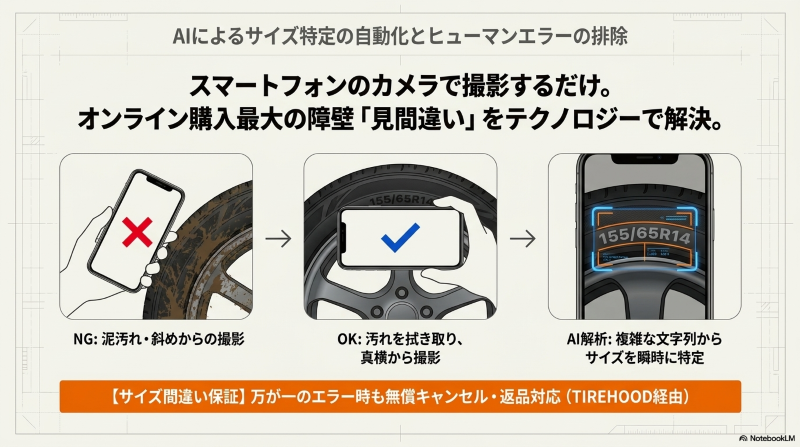 スマホカメラでタイヤ側面を撮影し、AIがサイズを自動解析してヒューマンエラーを防ぐ仕組み