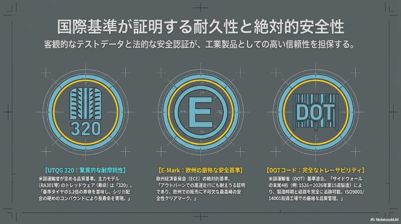 アプタニーが取得している米国DOTコード、欧州Eマーク、UTQG規格320といった国際基準の安全認証と耐摩耗性の証明