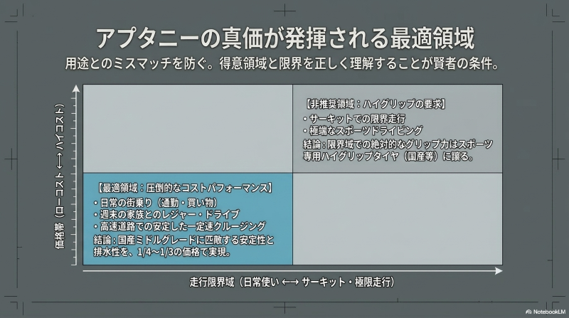 アプタニーの真価が発揮される日常の街乗りから、非推奨となるサーキットでの限界走行までを示すマッピング図