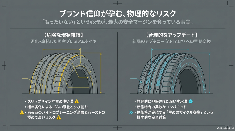 摩耗し硬化した古いプレミアムタイヤを使い続けるリスクと、新品のアプタニーへの早期交換による安全性の比較図