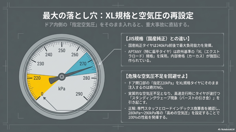 アプタニーなどXL規格のタイヤにおけるドア指定空気圧の罠と、スタンディングウェーブ現象を防ぐための高めの空気圧再設定の解説