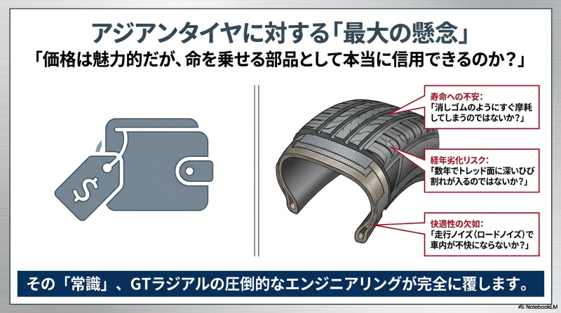 アジアンタイヤに対する寿命やひび割れ、ロードノイズなどの最大の懸念