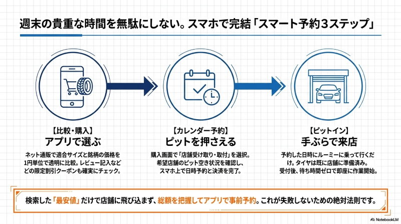スマホアプリでの比較・購入、カレンダーでのピット予約、当日の手ぶら来店というオートバックスでのタイヤ交換予約3ステップ