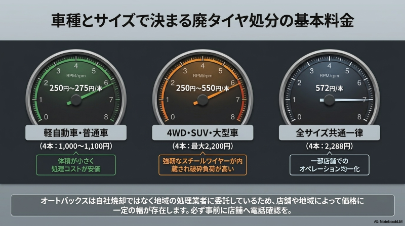 車種とサイズで決まる廃タイヤ処分の基本料金。軽自動車・普通車は250円〜275円、4WD・SUVは250円〜550円、全サイズ共通事例は572円