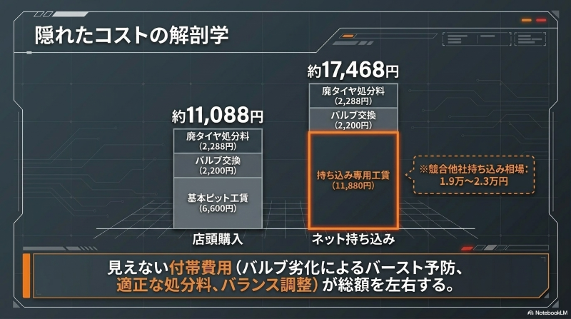 オートバックスでのタイヤ交換費用（店頭購入とネット持ち込みの総額比較）
