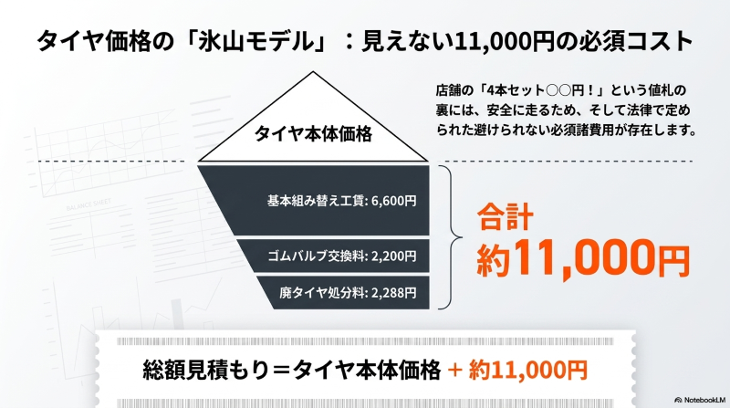 タイヤ価格の氷山モデル。タイヤ本体価格以外に基本工賃、ゴムバルブ交換料、廃タイヤ処分料で約11,000円の必須諸費用が存在