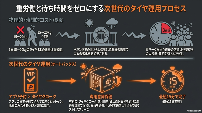 重労働や待ち時間をゼロにする、オートバックスのアプリ予約と専用倉庫でのタイヤクローク（タイヤ保管サービス）のメリットを図解