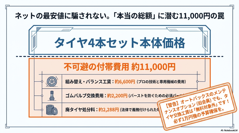 イヤ組み替え工賃、ゴムバルブ交換、廃タイヤ処分料の合計約11,000円の内訳と、オートバックスの会員特典でも工賃は無料対象外であることの警告
