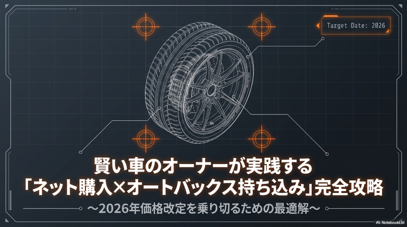2026年の価格改定を乗り切るための最適解として、賢い車のオーナーが実践する「ネット購入×オートバックス持ち込み」の完全攻略を示すタイトルスライド