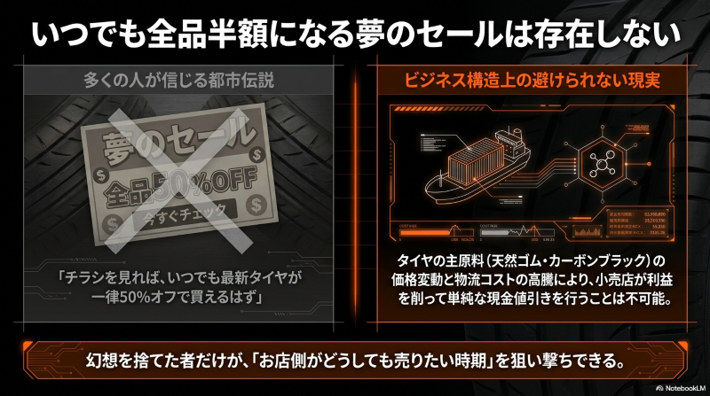 タイヤ全品50%オフのチラシにバツ印がつけられ、原材料費や物流コストの高騰で一律半額が不可能な理由を解説した図