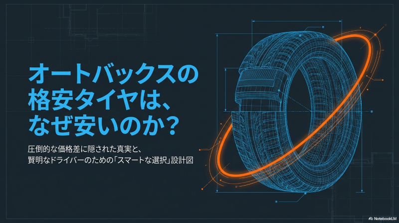 青いワイヤーフレームのタイヤとオレンジの軌道が描かれた、オートバックス格安タイヤの真実を示すイメージ画像