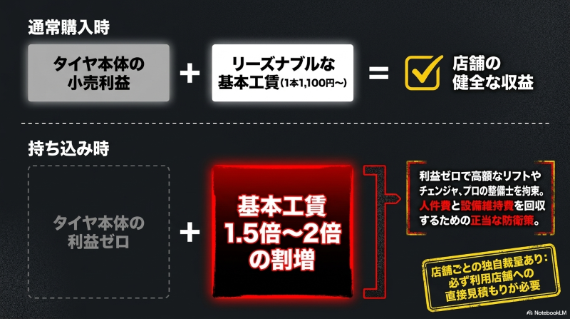 通常購入時と持ち込み時の店舗の利益構造と、基本工賃が1.5倍から2倍に割増される理由の図解