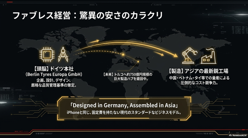 ドイツ本社での企画・設計からアジアやトルコでの最新鋭工場での量産までを示すベルリンタイヤのファブレス経営の仕組み