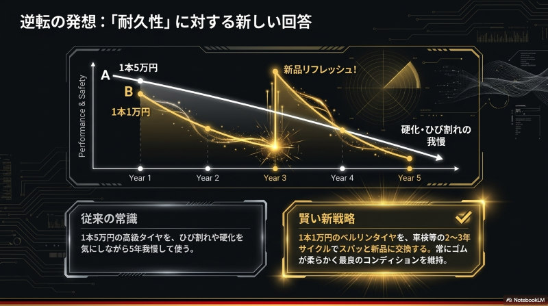 1本5万円の高級タイヤを5年我慢して使うよりも、1本1万円のベルリンタイヤを2〜3年で新品交換するメリットを示す比較グラ