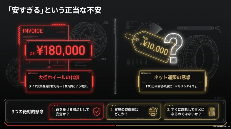 大径ホイールのタイヤ交換における18万円の高級タイヤと1本1万円の激安ベルリンタイヤの価格比較イメージ