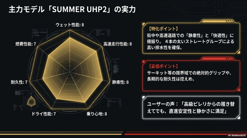 ベルリンタイヤSUMMER UHP2の静粛性や乗り心地、ウェット性能に特化した性能を示すレーダーチャート