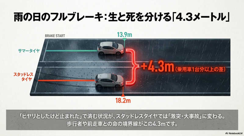 雨の日のフルブレーキでスタッドレスタイヤはサマータイヤより4.3メートル制動距離が伸びる比較画像