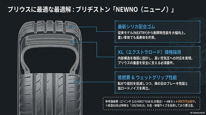 耐摩耗性能の向上やXL規格採用など、プリウスに最適解となるブリヂストンのタイヤ「NEWNO（ニューノ）」の特徴をまとめたスライド