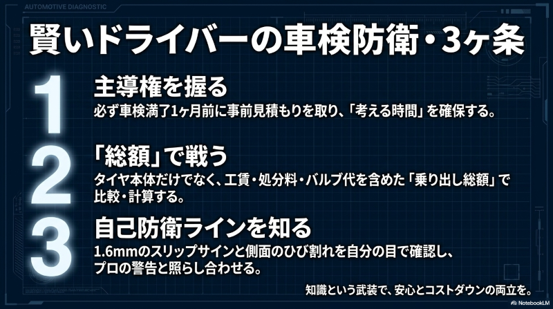 事前見積もりで主導権を握り、総額で比較し、自己防衛ラインを知るための車検防衛3ヶ条まとめ