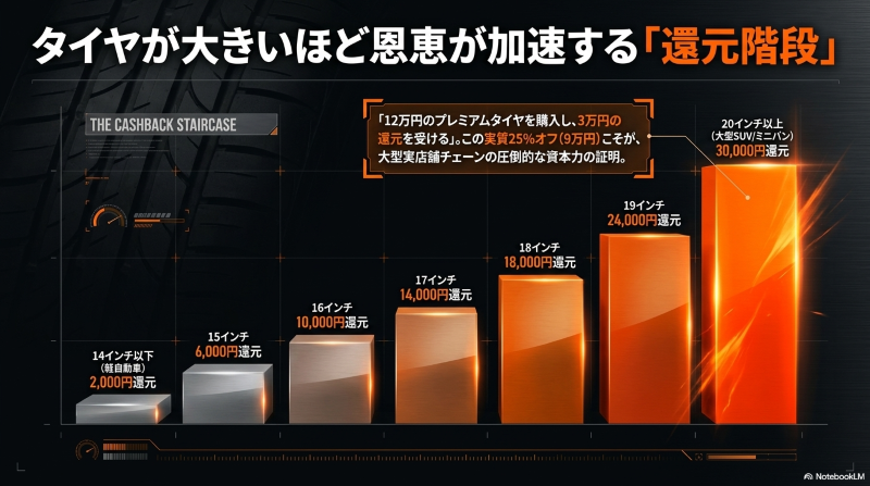 14インチの2000円還元から20インチ以上の30000円還元まで、タイヤサイズが大きくなるほど還元額が増える仕組みを表したグラフ
