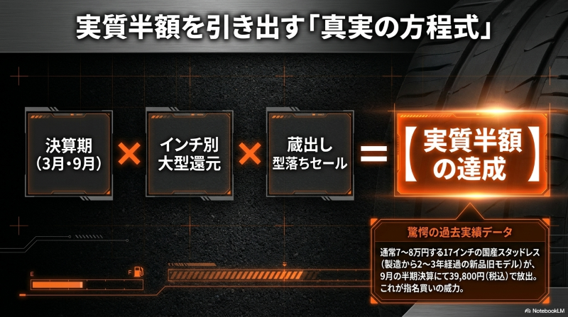 還元キャンペーンと決算期の蔵出し型落ちセールを組み合わせることで実質半額を達成する方程式と、17インチスタッドレスが39,800円で販売された過去実績データ