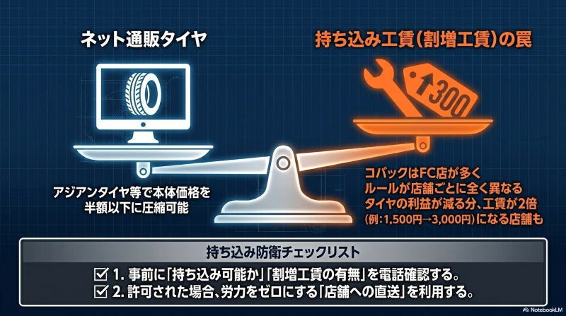 ネット通販の安いタイヤ本体価格と、店舗ごとの持ち込み割増工賃のバランスを示す天秤