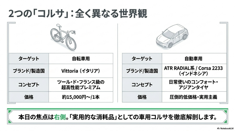自転車用コルサ(Vittoria)と自動車用コルサ(ATR RADIAL)のターゲット・価格帯比較