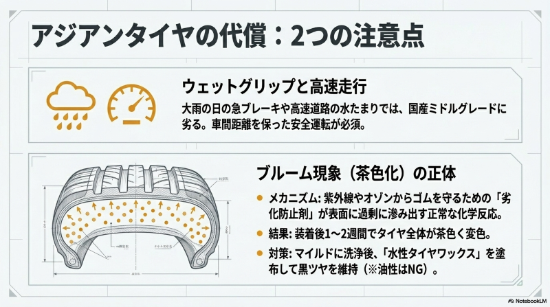 アジアンタイヤ特有のブルーム現象(茶色化)の正体とウェットグリップの注意点