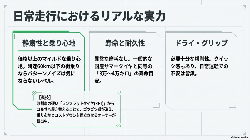 車用コルサタイヤの静粛性・乗り心地・寿命などの実力検証とランフラットタイヤからの履き替え