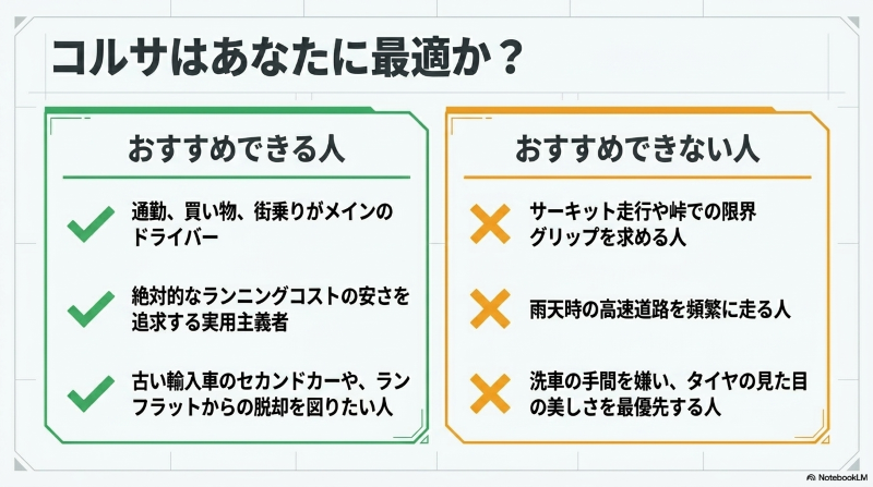 コルサタイヤをおすすめできる人とおすすめできない人の特徴まとめ