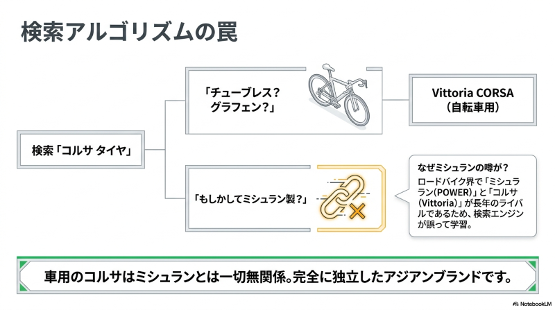 コルサタイヤ検索における自転車用・車用・ミシュラン製の誤解とアルゴリズムの罠