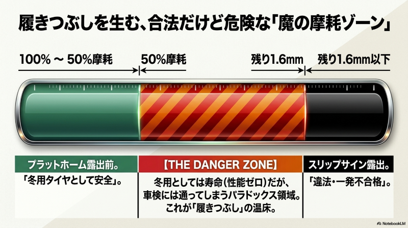 50%摩耗から残り溝1.6mmまでの、車検には通るが冬用タイヤとしては寿命を迎えている危険な摩耗ゾーンの図解