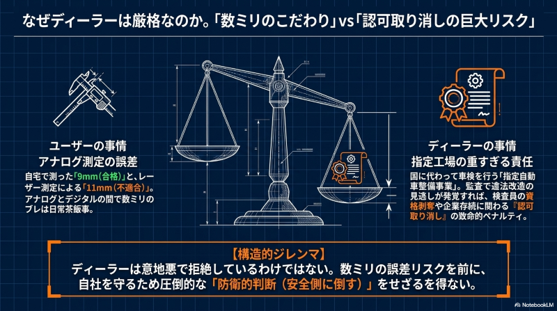 ユーザーのアナログ測定による数ミリの誤差と、指定工場であるディーラーが抱える認可取り消しという巨大リスクが天秤にかけられている状況を示すイラスト