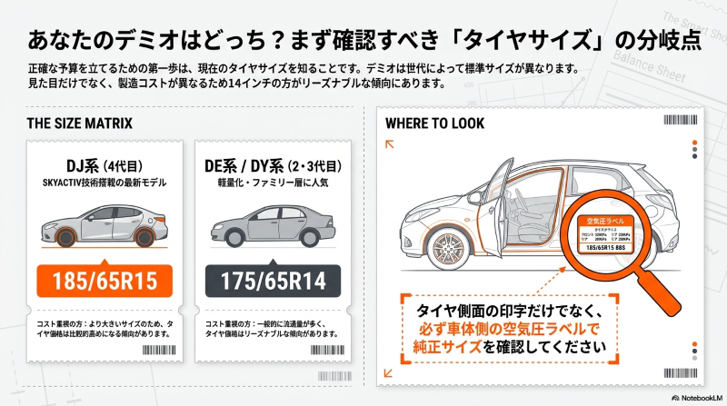 デミオのタイヤサイズ確認方法。DJ系は185/65R15、DE・DY系は175/65R14