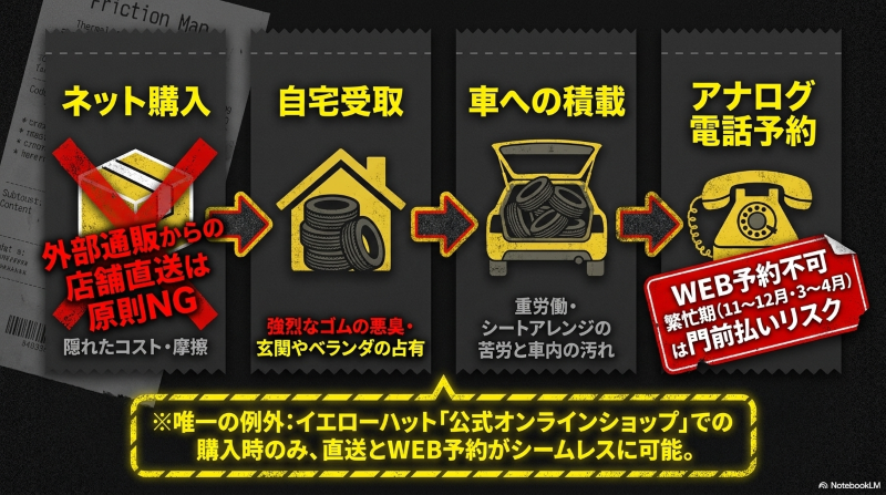 車のトランクに積まれた大量のタイヤとアナログ電話のイラストで、直送不可と電話予約の手間を説明