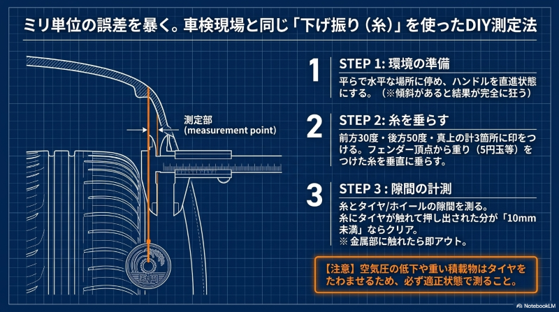 平らな場所でフェンダー頂点から重りをつけた糸を垂直に垂らし、タイヤとの隙間を測ることでミリ単位の誤差を暴くはみ出し測定の手順
