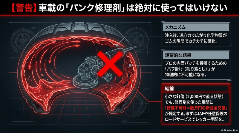 車載のパンク修理剤を使うとバフ掛けが不可能になり新品全交換になるメカニズム