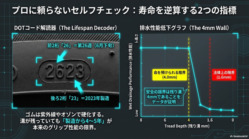 タイヤの製造年週がわかるDOTコードの見方と残り溝4mmで排水性能が急激に低下するグラフ