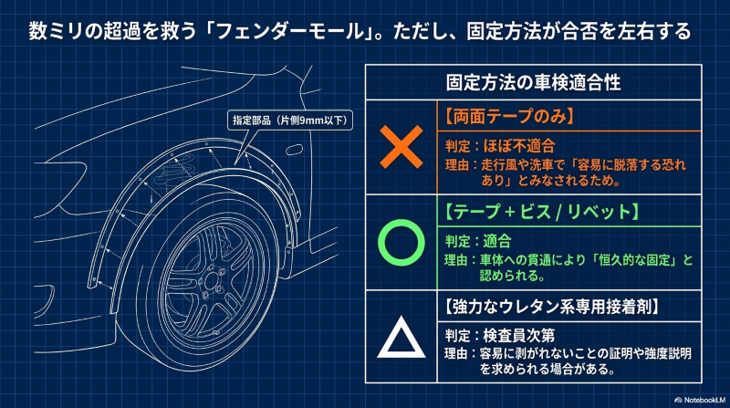 片側9mm以下の指定部品であるフェンダーモールにおいて、両面テープのみは容易に脱落する恐れがあるため不適合、テープとビスの併用は恒久的な固定と認められ適合となることを示す解説図