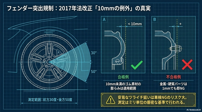 前方30度・後方50度のフェンダー測定範囲と、10mm未満のゴム素材の膨らみは合格、金属パーツは不合格となる法改正の例外基準図