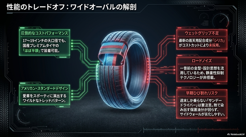 ファイアホーク ワイドオーバルの性能とトレードオフ。コスパの高さとウェットグリップ不足やロードノイズの図解