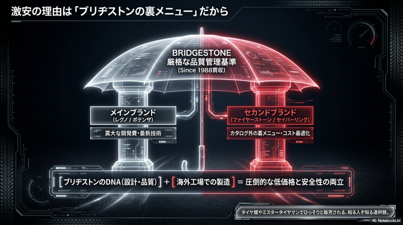 激安の理由はブリヂストンの裏メニュー。ファイヤーストーンとブリヂストンの品質基準に関する関係図