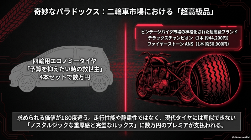 二輪車市場でのファイヤーストーン。デラックスチャンピオンなどビンテージバイク市場における超高級品としてのパラドックス
