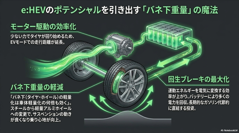 軽量アルミホイールによるバネ下重量の軽減が、e:HEVのモーター駆動効率化や回生ブレーキの最大化にもたらすメリットを解説した図